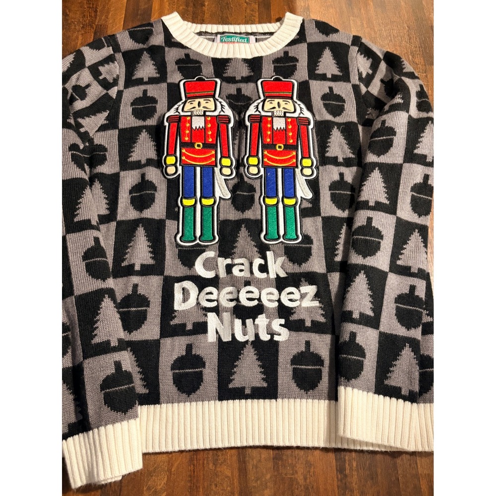 Festified‎ Mens XL Crack Deeeeez Nuts Nutcracker Ugly Christmas Sweater Grey
